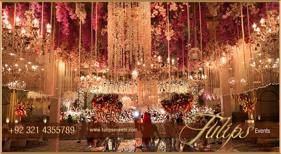 Gold Wedding backdrop roof floral drapes curtains ideas in Pakistan (18)